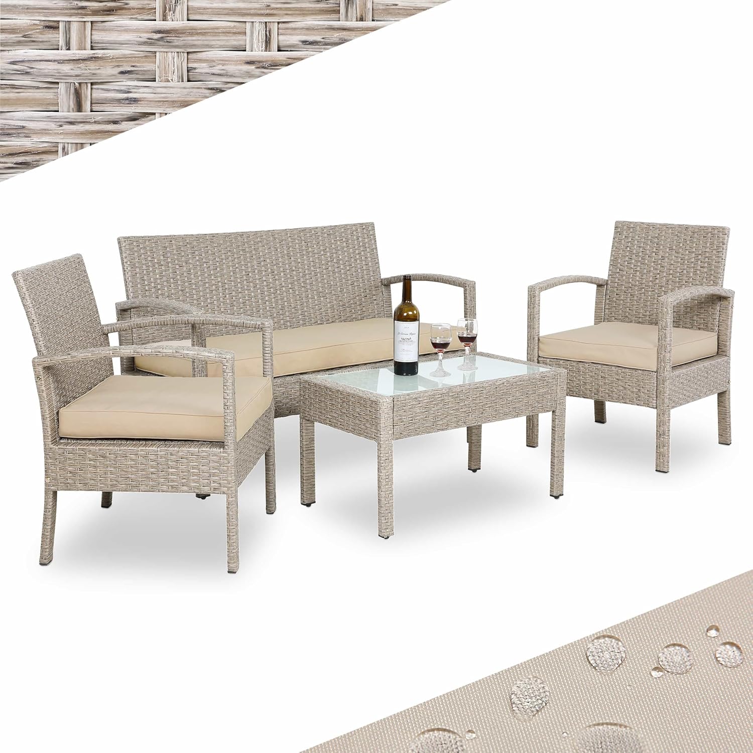 Casaria Polyrattan Gartenmöbel Set für vier Personen - Zwei Sessel Gartenbank und Tisch - Wetterfeste Outdoor Lounge mit Auflagen - Creme für Garten Terrasse und Balkon-Nestmyio