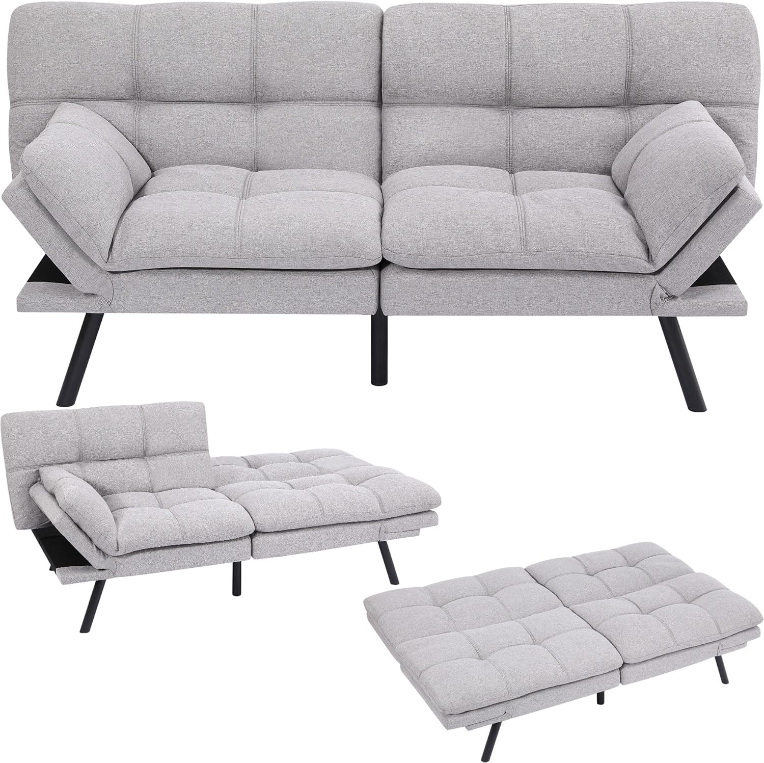 Paul 3 in 1 Schlafsofa - Dreisitzer mit verstellbarer Rückenlehne und Armlehnen - Liegefunktion bis 273 kg belastbar bei 179 x 106 x 45 cm - Grau für Wohnzimmer-Nestmyio
