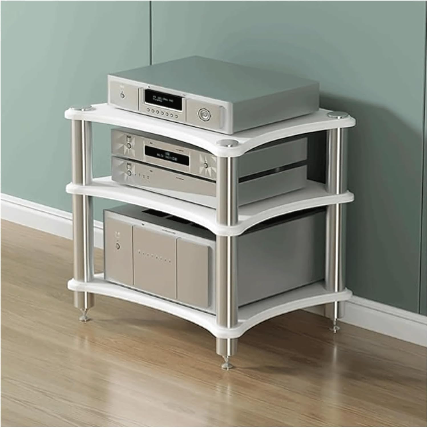 Audio Rack aus MDF - Offener Medienständer mit bis zu 4 Ebenen - Weißer Stereo Turm 60 x 48 x 62 cm - Für Verstärker Player und Audio Video Geräte-Nestmyio