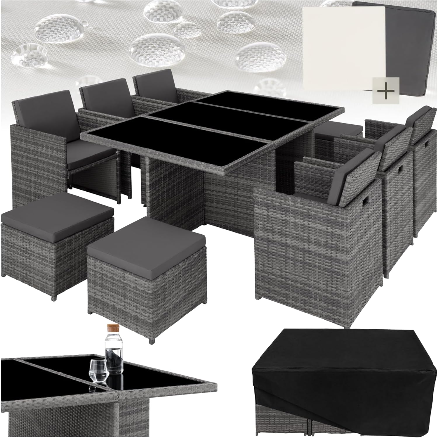 tectake Polyrattan Gartenmöbel Set - Sitzgruppe für bis zu 10 Personen - 6 Stühle 4 Hocker und Tisch mit Glasplatte - Grau klappbar für Garten Terrasse Balkon-Nestmyio