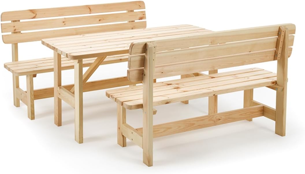 Gartengarnitur aus PEFC zertifiziertem Holz - Tisch und Bänke mit Rückenlehne - 150 x 70 x 74 cm und 82 kg - Natur für Garten Terrasse-Nestmyio