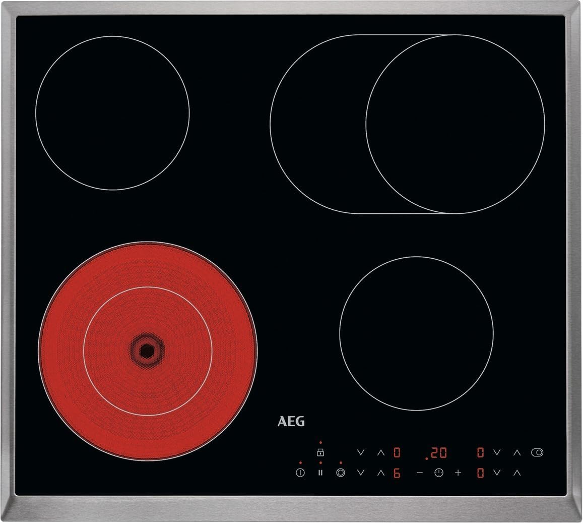 AEG HK634060XB Glaskeramikkochfeld - 60 cm mit vier Kochzonen und Edelstahlrahmen - Bräterzone Zweikreiszone und 14 Leistungsstufen - Touch Bedienung Timer Kindersicherung-Nestmyio