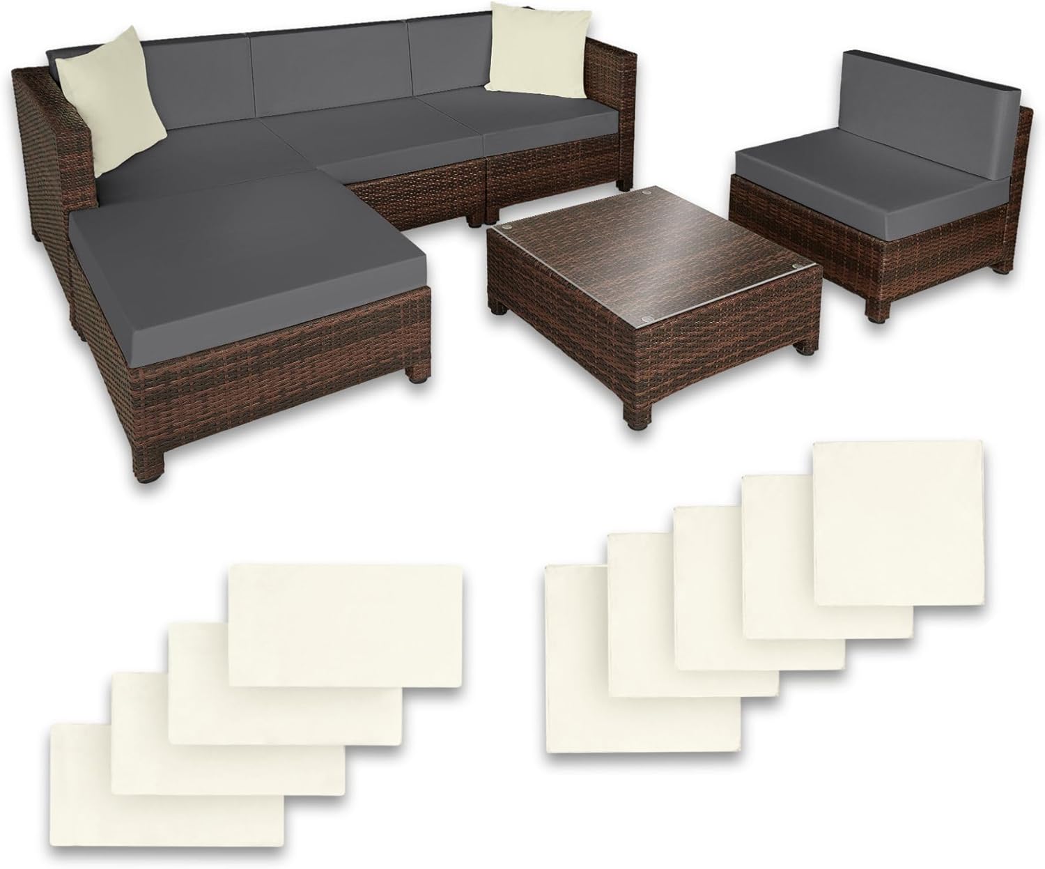 tectake Poly Rattan Gartenmöbel Set - Sechsteilige Lounge für fünf Personen - Zwei Sessel zwei Ecksessel Tisch und Hocker mit 10 cm Polsterung - Schwarz Braun für Balkon und Garten-Nestmyio