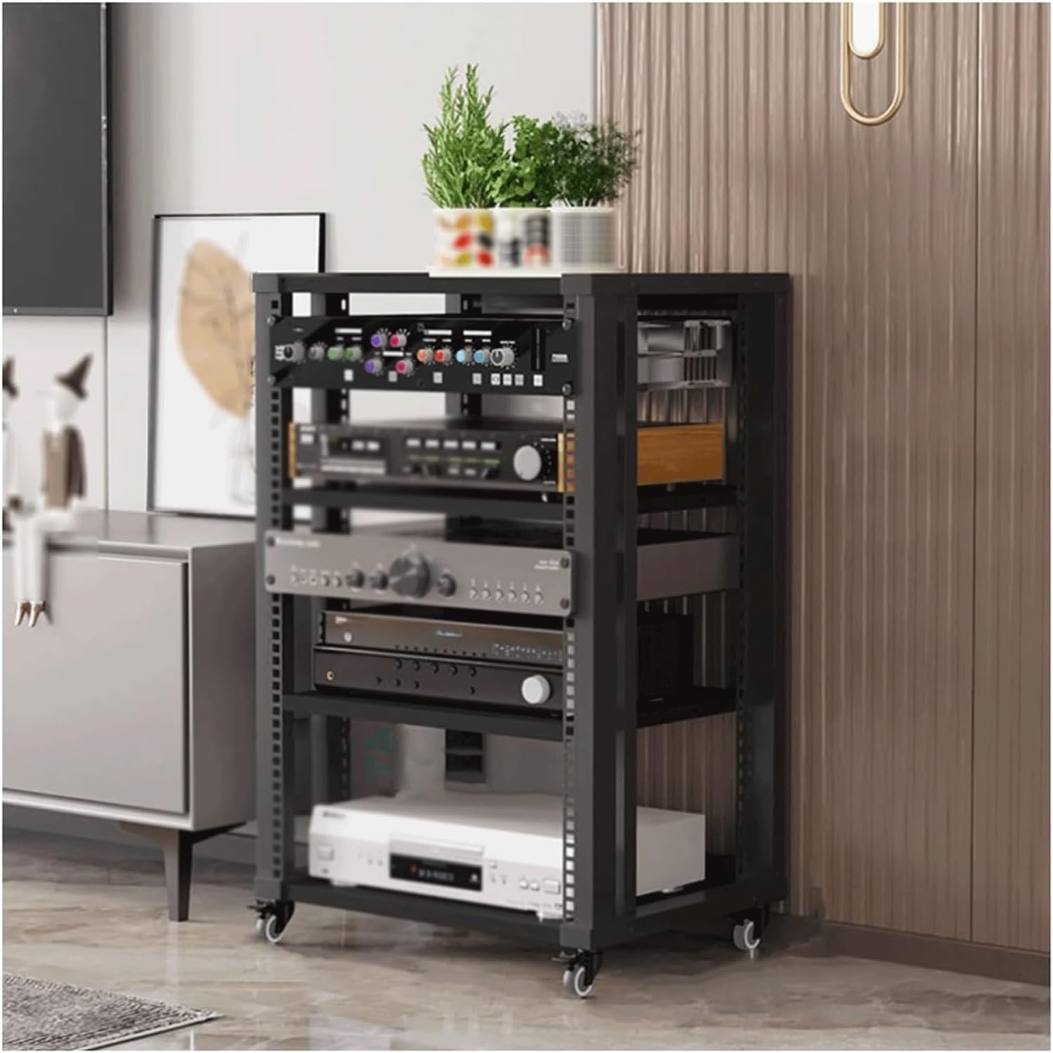 Audio Rack Schrank aus Holz - Vierstufiger offener Medienständer - Verstellbare Regalböden für Audio und Video Komponenten - Schwarz als moderner Stereo Geräteständer-Nestmyio