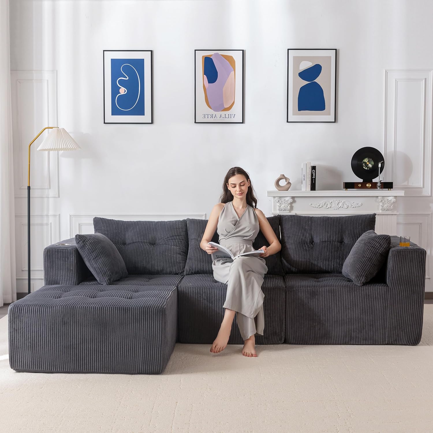 MAXYOYO modulares Ecksofa - 3 Sitzer Boneless Couch aus Cord mit Becherhalter - Wandelbar zur L Form und zum Doppelschlafsofa - Grau für Wohn und Gästezimmer-Nestmyio