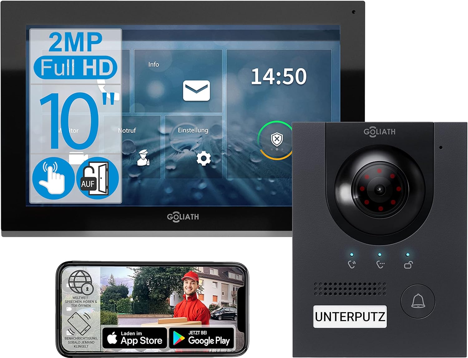 Goliath AV IPS 106 Video Türsprechanlage - Unterputz Türstation mit Kamera und Türöffner - 10 Zoll Touchscreen Monitor - Kabelgebunden für den Außenbereich-Nestmyio