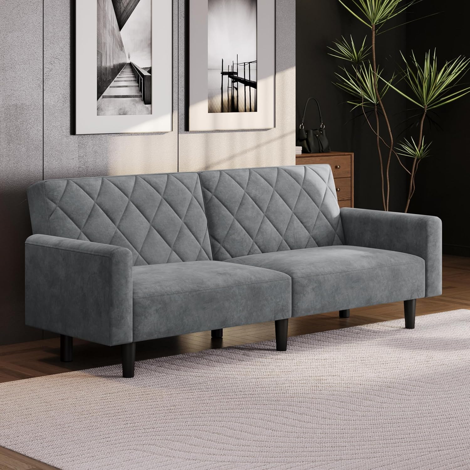 Yaheetech Schlafsofa - 2 Sitzer Couch aus Samtstoff mit Bettfunktion - Liegefläche 140,5 x 94 cm bis 302 kg - Dunkelgrau für Wohn und Schlafzimmer-Nestmyio