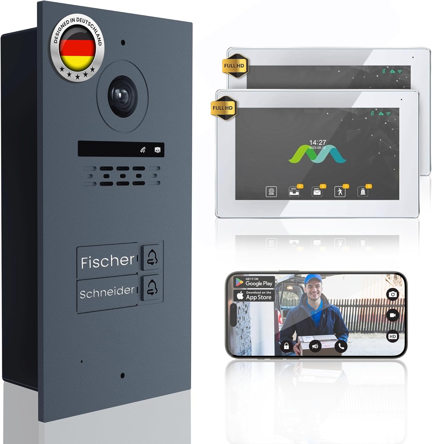 MATHFEL MF 2DJ2FA Video Türsprechanlage - Für Zweifamilienhaus mit zwei 7 Zoll WLAN Monitoren - Full HD 1080p Kamera 170 Grad und Türöffner - IP65 mit 2 Draht Bus-Nestmyio