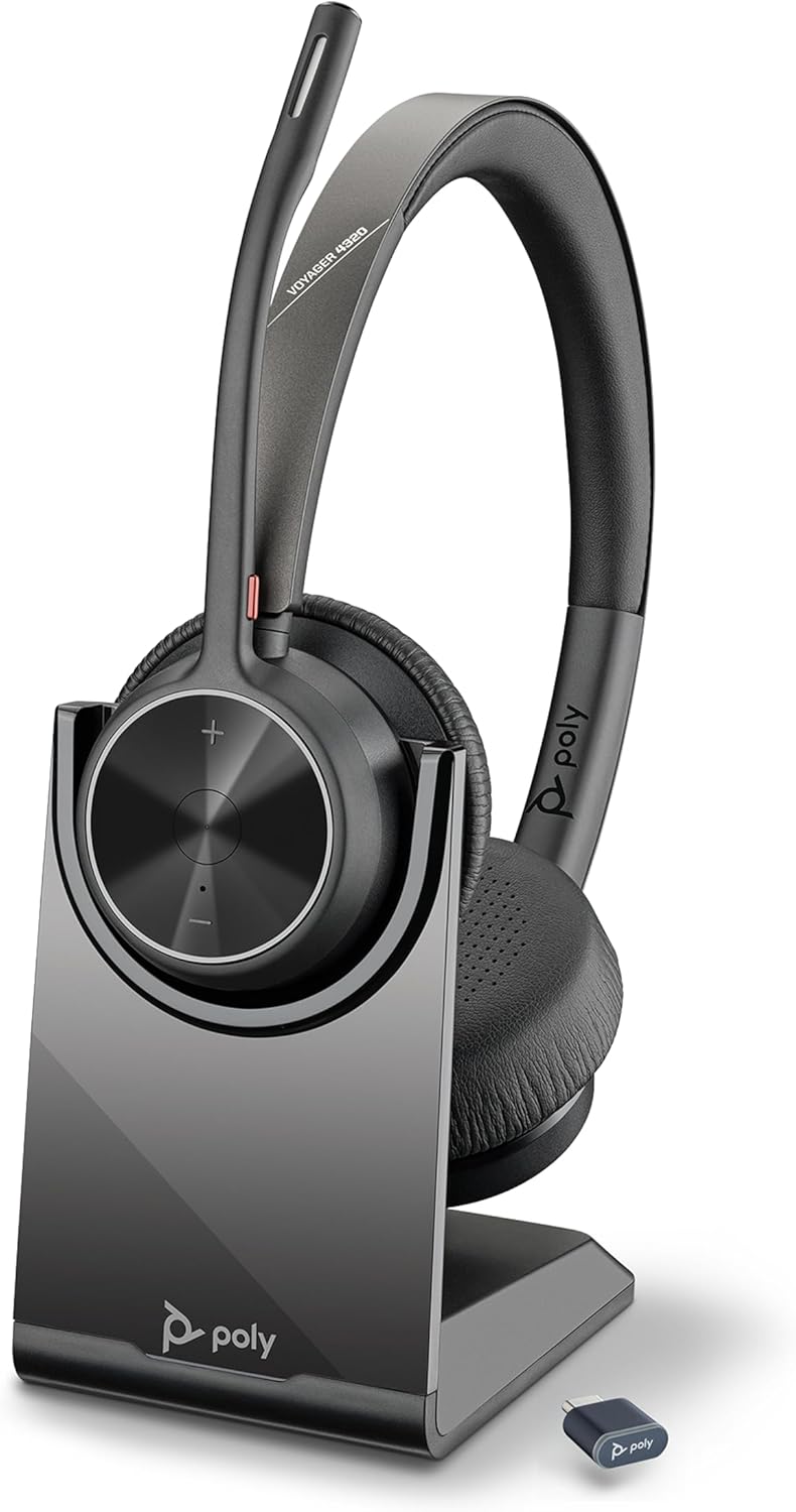 Poly Voyager 4320 UC Wireless Headset - Stereo Kopfhörer mit Mikrofonarm und Geräuschabschirmung - Bluetooth für PC Mac und Mobiltelefon - Schwarz mit Ladestation und USB Anschluss-Nestmyio