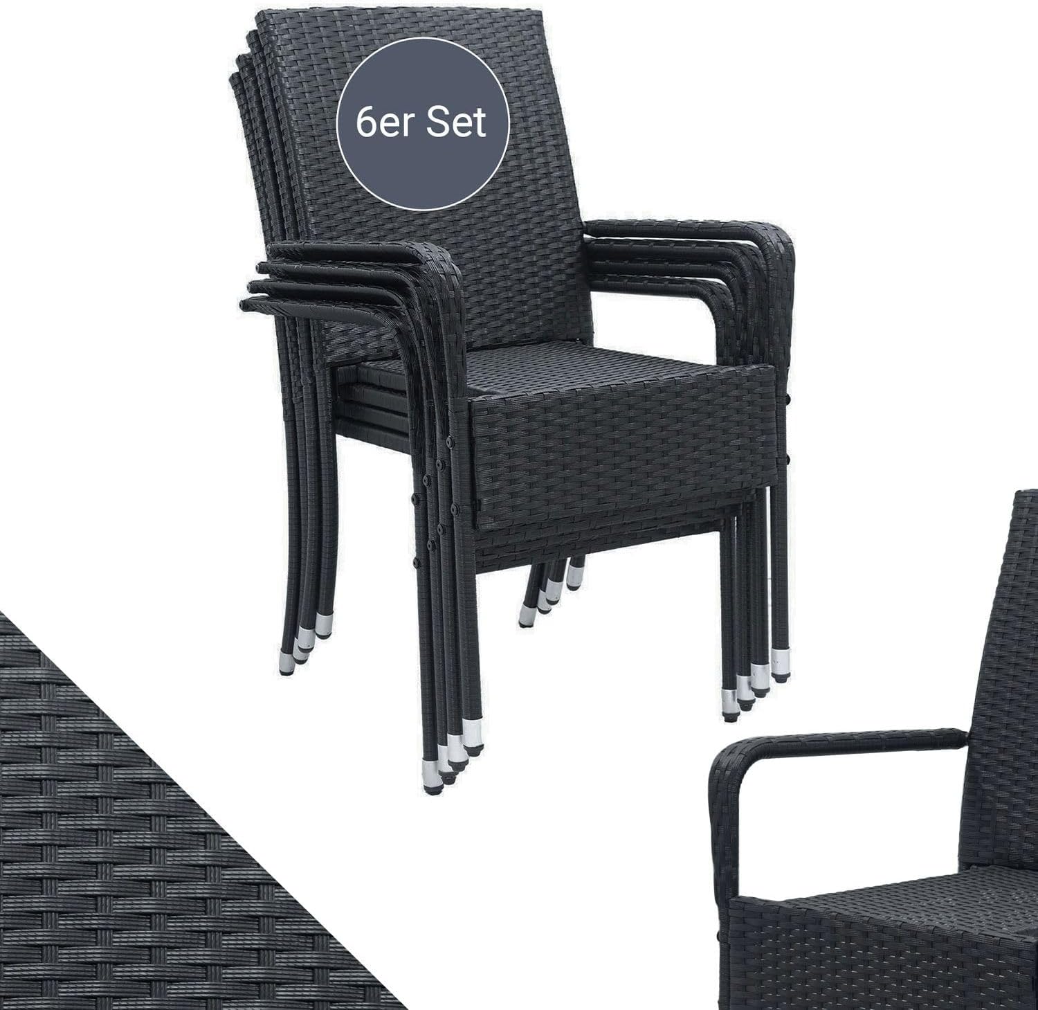 Juskys Polyrattan Gartenstühle Yoro - 6 stapelbare Stühle mit Armlehnen - Maße 56 x 60 x 90 cm und Rückenlehne - Schwarz für Garten Terrasse Balkon-Nestmyio