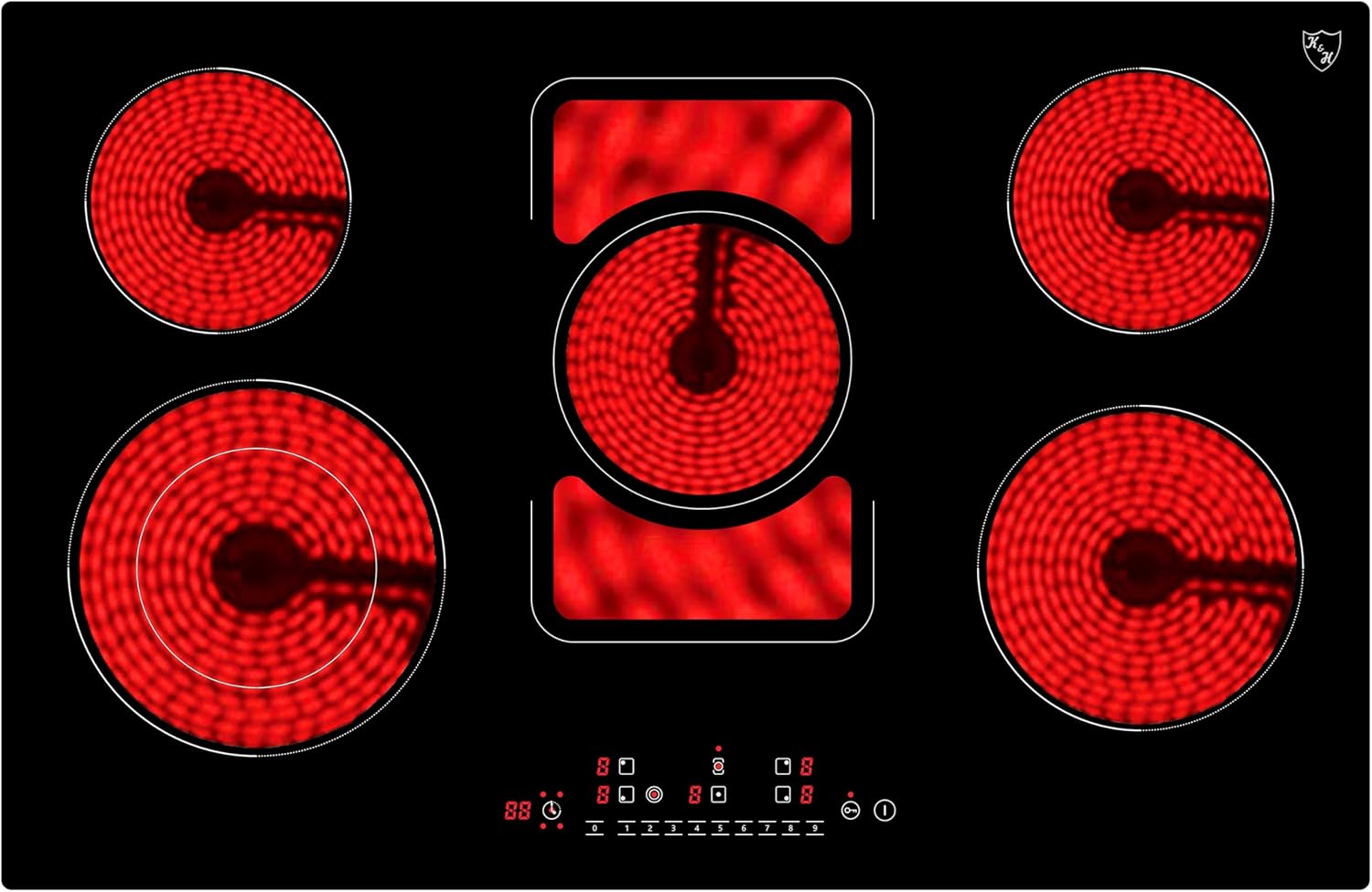 KundH NC 9407S Glaskeramikkochfeld - 80 cm autark mit fünf Kochzonen und 9400 Watt - Touch Bedienung mit neun Leistungsstufen - Starkstromanschluss ohne Stecker-Nestmyio