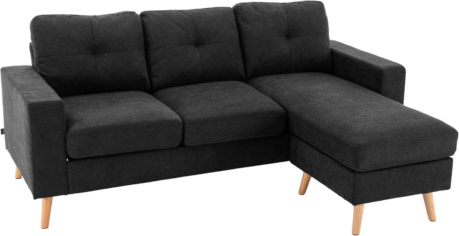 HOMCOM Ecksofa in L Form - Dreisitzer mit veränderbarer Chaiselounge und drei Kissen - Knopfheftung in Leinenoptik bei 193 x 136 x 85 cm - Schwarz für Wohnzimmer-Nestmyio
