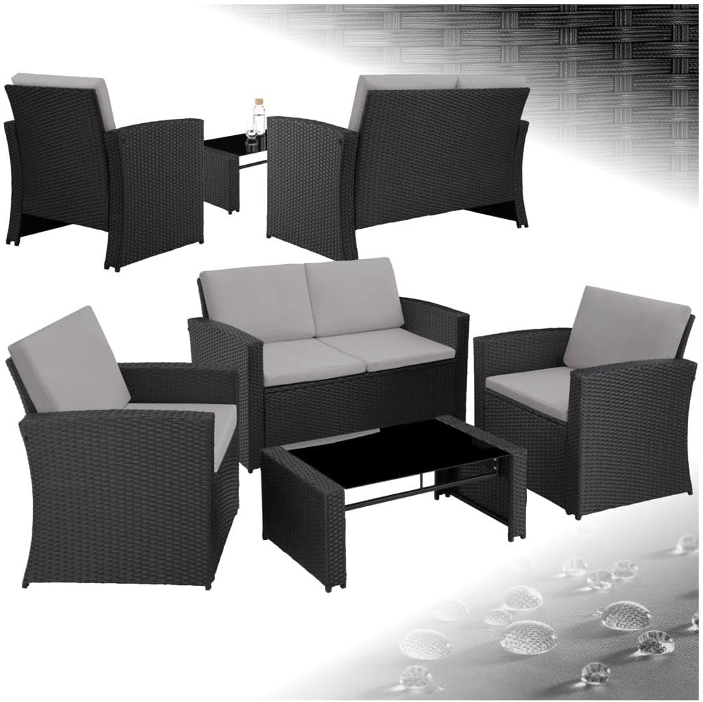 tectake Polyrattan Gartenmöbel Set - 12 Teile für 4 Personen - Outdoor Sofa Sessel und Tisch wetterfest - Schwarz Grau für Garten Terrasse und Balkon-Nestmyio