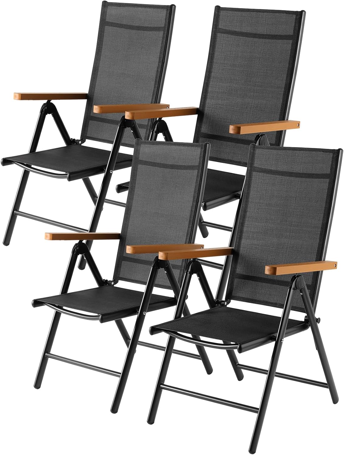 LIFERUN Aluminium Gartenstuhl Set - Vier klappbare Hochlehner bis 120 kg belastbar - Siebenfach verstellbar mit Teslin und WPC Armlehnen - Schwarz für Balkon Garten und Camping-Nestmyio