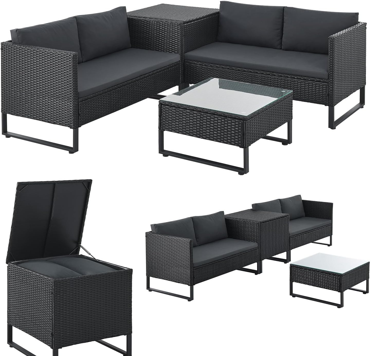 Juskys Santorini Polyrattan Gartenlounge - Sitzgruppe für vier Personen - Beistelltisch und Auflagenbox enthalten - Schwarz und wetterfest für Garten Terrasse und Balkon-Nestmyio