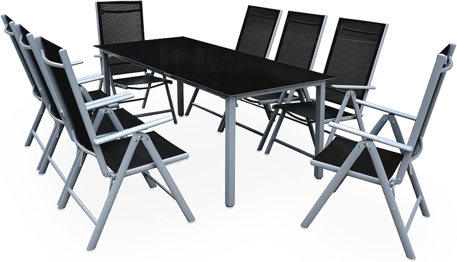 Casaria Gartenmöbel Set Bern - Tisch 190 x 90 x 75 cm mit 8 klappbaren Stühlen - Aluminium und Sicherheitsglas wetterfest - Schwarz Silber für Terrasse Garten-Nestmyio