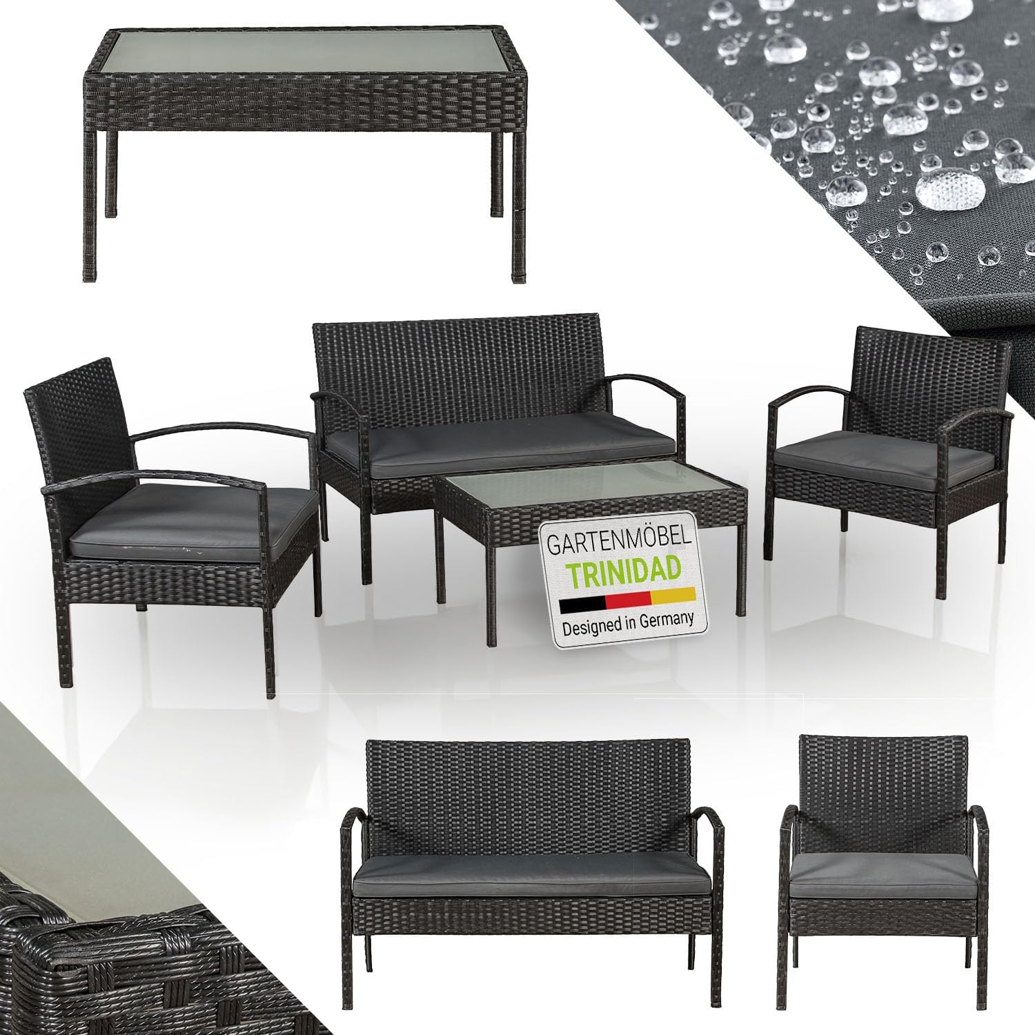 Juskys Trinidad Polyrattan Gartenmöbel Set - Sofa zwei Stühle und Tisch für vier Personen - Sitzgruppe mit grauen Sitzkissen - Schwarz für Balkon Garten und Terrasse-Nestmyio