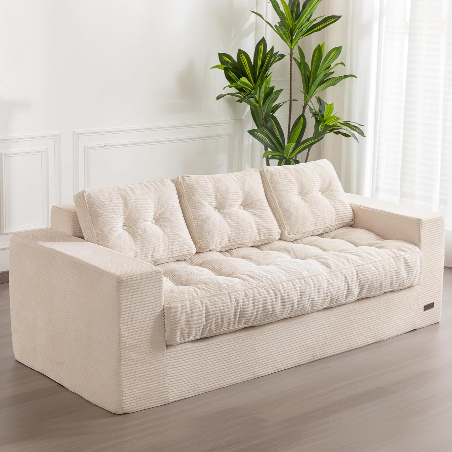 MAXYOYO Bodensofa aus Cord - Boneless Couch für 3 Personen mit Armlehnen - Gesteppte Kissen und gepolsterte Rückenlehne 190 x 85 x 75 cm - Creme für Wohn und Schlafzimmer-Nestmyio