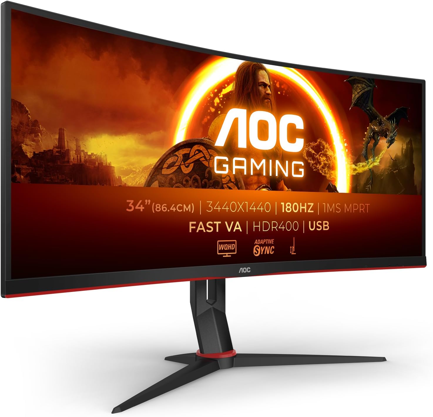 AOC CU34G2XPD Gaming Monitor - 34 Zoll WQHD Curved VA mit 180 Hz - 1 ms GTG FreeSync Premium HDR400 - Höhenverstellbar mit HDMI DisplayPort USB Hub-Nestmyio