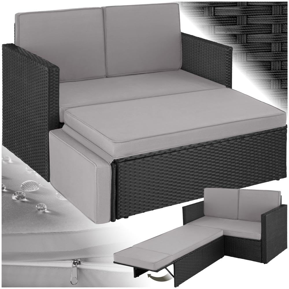tectake Rattan Sofa Set - Zweisitzer mit Hocker und Schlaffunktion - Klappbare Lounge mit imprägnierten Polstern - Schwarz für zwei bis vier Personen auf Balkon Garten und Terrasse-Nestmyio