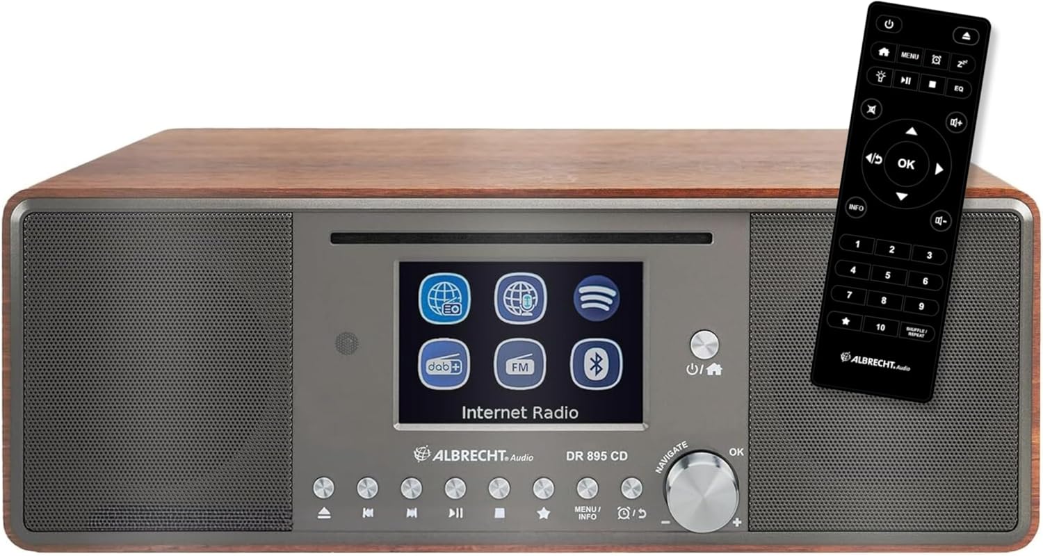 Albrecht DR 895 CD Kompaktanlage - DAB UKW CD und Internetradio - Bluetooth Podcast Streaming mit USB und App Steuerung - Walnussholz Optik mit Farbdisplay-Nestmyio