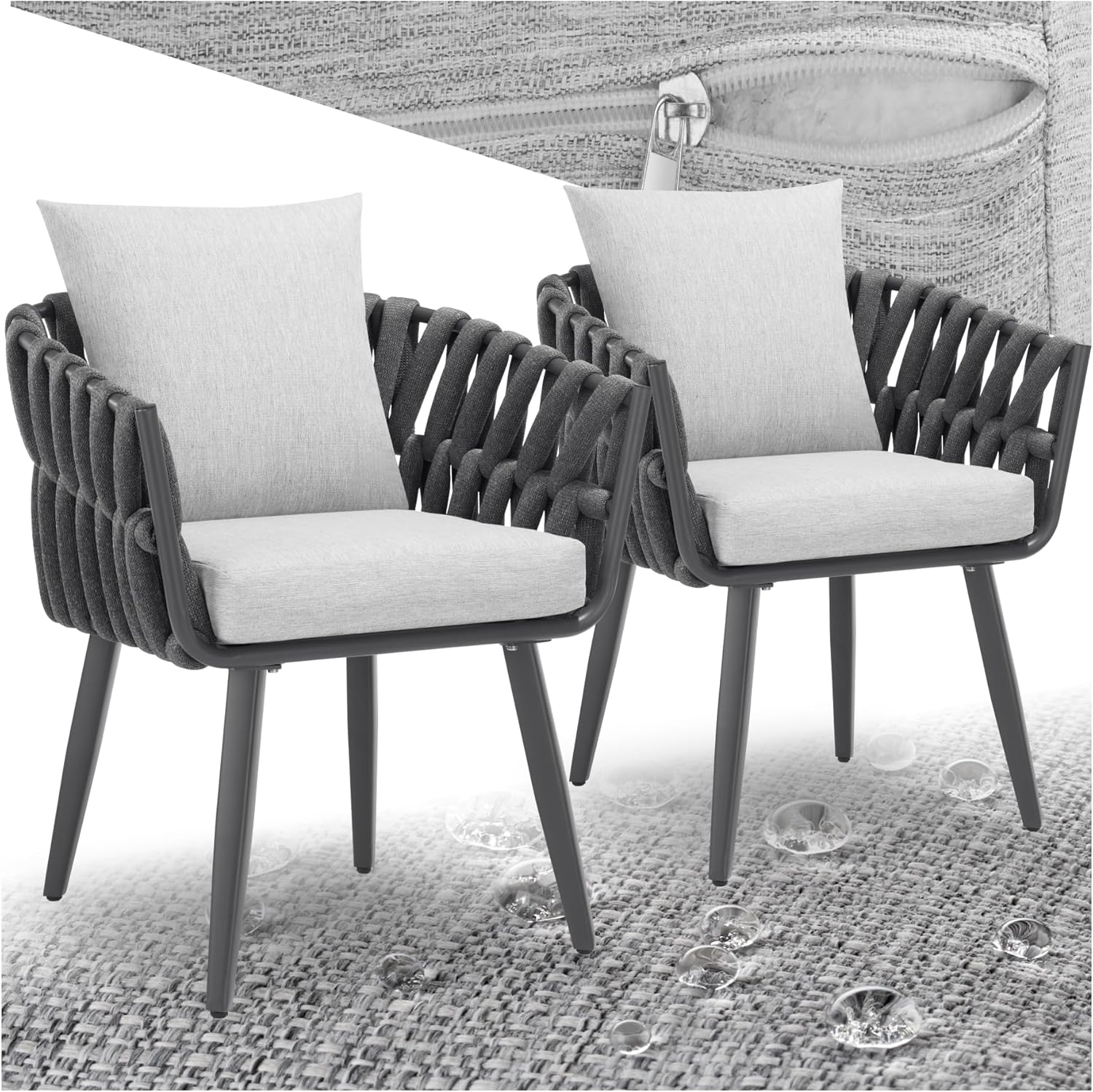 tectake Gartenstuhl Set mit zwei Outdoor Sesseln - Aluminiumgestell im Rope Design - Rücken Kissen und Sitzpolster enthalten - Anthrazit Dunkelgrau für Balkon und Garten-Nestmyio