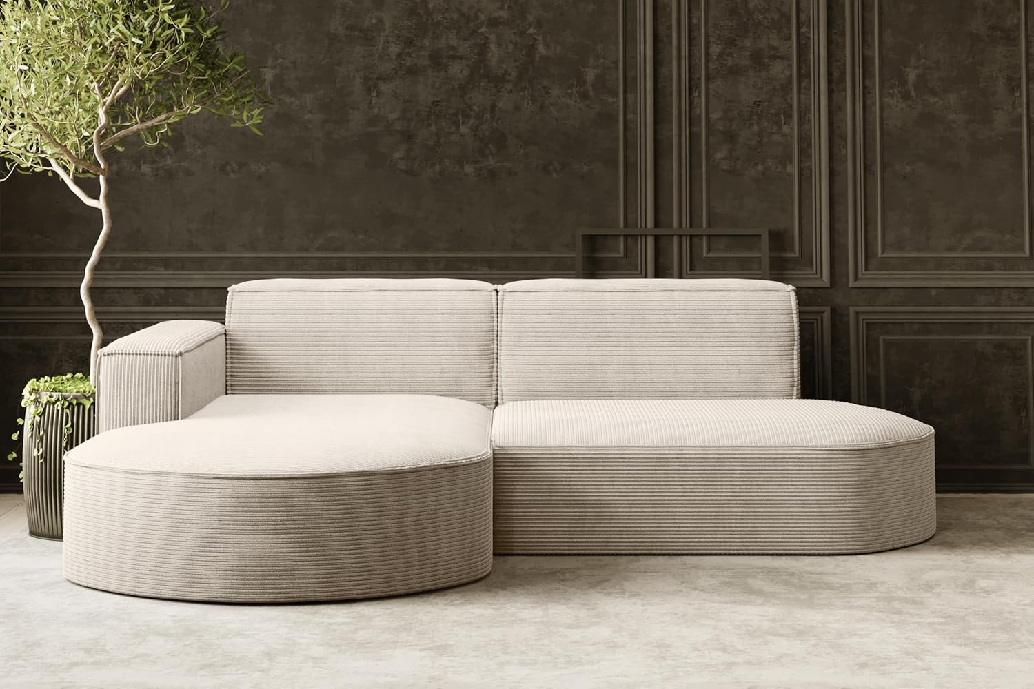 Kaiser Möbel Modena Studio Ecksofa - Dreisitzer in L Form mit Ottomane links - Modernes Cord Polstersofa bei 236 x 165 x 73 cm - Beige für Wohnzimmer-Nestmyio