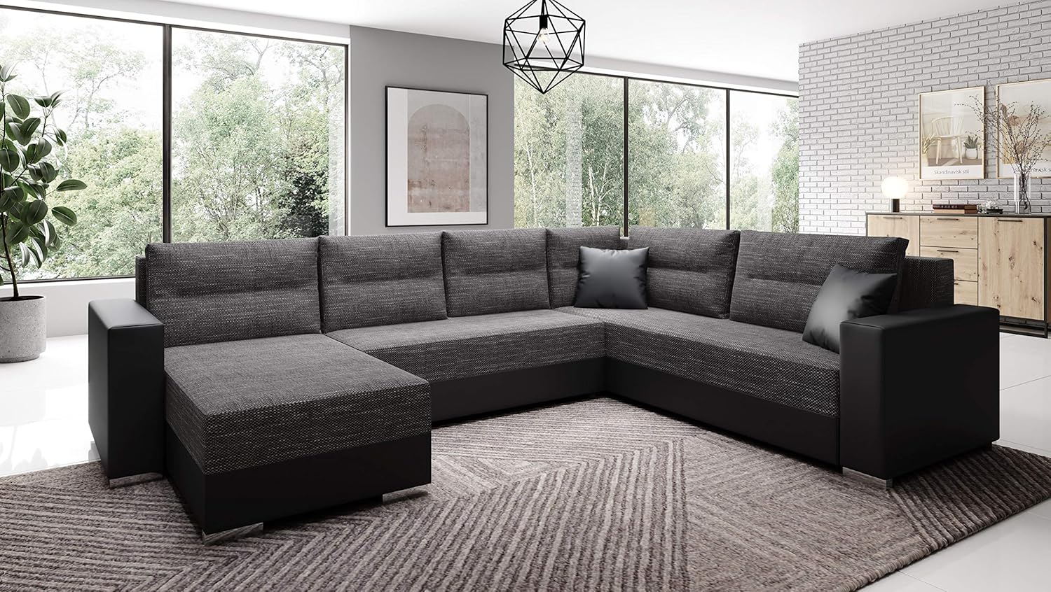 Captain U Wohnlandschaft mit Schlaffunktion - Moderne Schlafcouch für vier Personen - Bettkasten und Kissen bei 314 x 217 x 90 cm - Schwarzer Webstoff für Wohnzimmer-Nestmyio