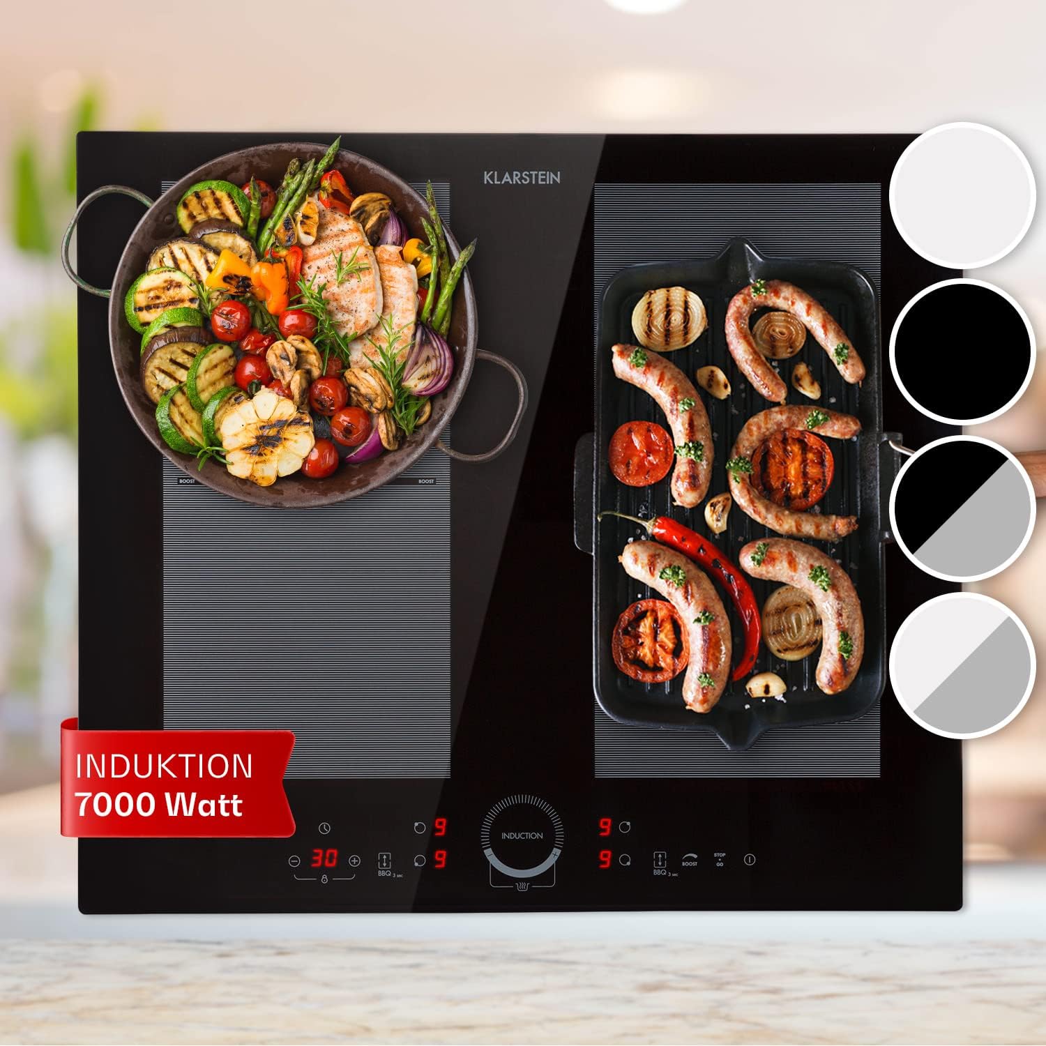 Klarstein Induktionskochfeld - 59 x 52 cm mit vier Kochplatten und 7000 Watt - Touch Display Digitalanzeige und Timer - Schwarze Glaskeramik für Einbauküchen-Nestmyio
