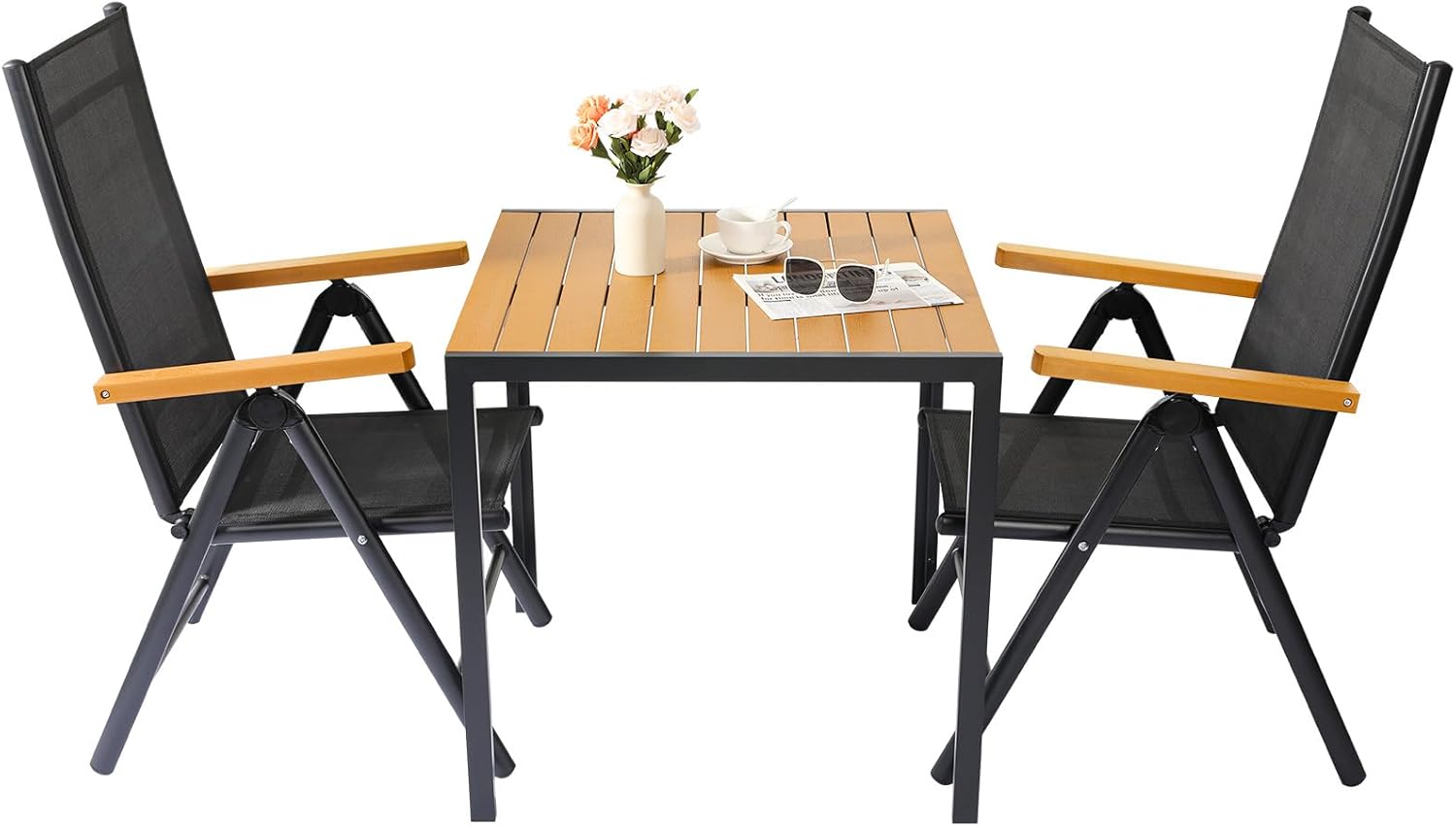 LIFERUN Aluminium Balkonset - 3 teilig mit 2 klappbaren Hochlehner Stühlen und WPC Gartentisch - Wetterfest mit 16,7 kg - Teakbraun für Veranda Terrasse Innenhof-Nestmyio