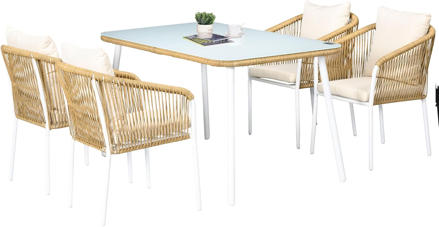 Outsunny Polyrattan Gartenmöbel Set für vier Personen - Esstisch und vier Stapelstühle mit Sitzkissen - Tischplatte aus Hartglas - Gelb für Balkon Terrasse und Garten-Nestmyio