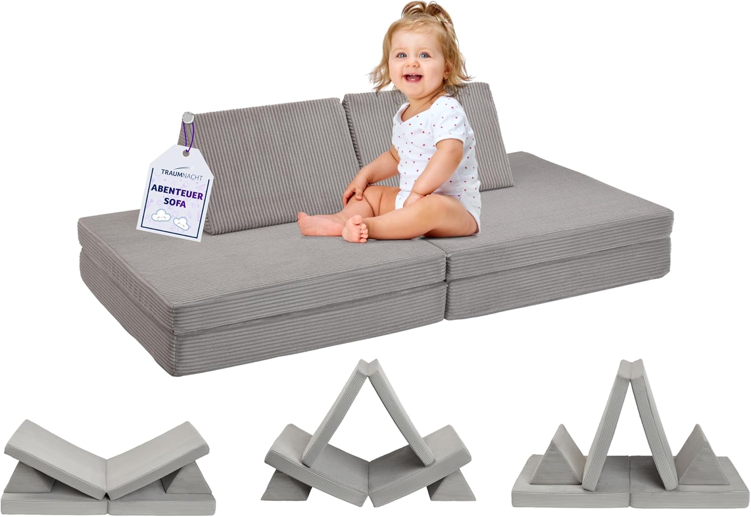 Traumnacht Abenteuer Sofa für Kinder - Kord Bezug waschbar und 2 Sitzplätze - 81,5 x 81,5 x 12 cm bis 120 kg - Steingrau für Kinderzimmer-Nestmyio