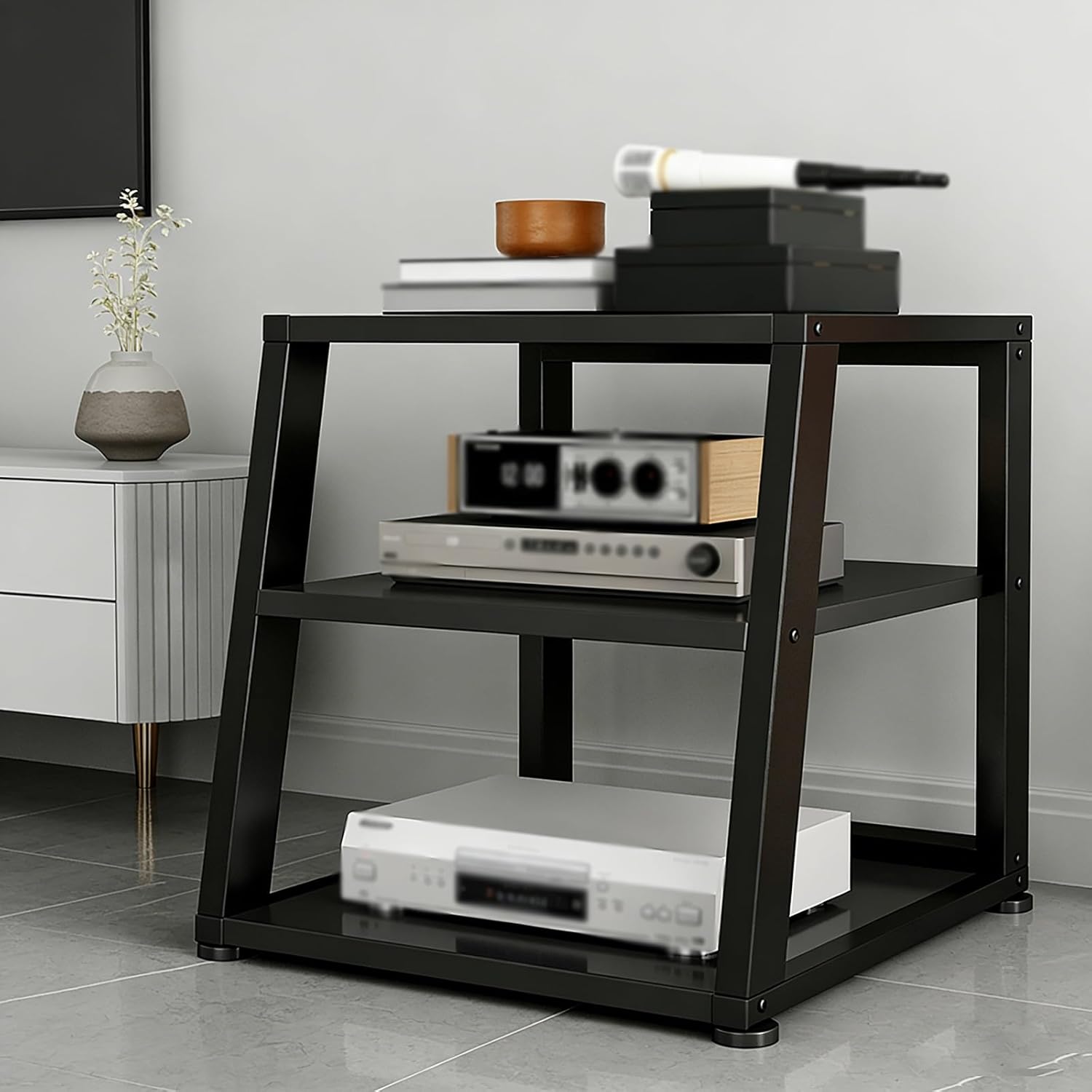 YLLFFLL Schwarzes HiFi Rack - Modernes offenes Audiorack mit drei Ebenen - Vertikaler Stereo und Video Geräteständer - Für Gaming Zimmer und Audiokomponenten-Nestmyio