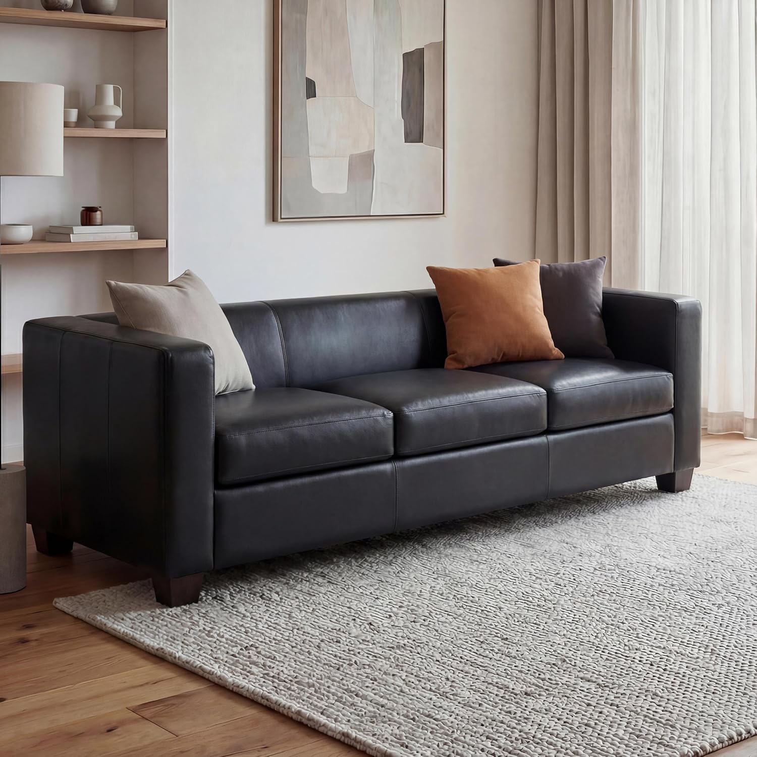 Mendler Lille Ledersofa - Modernes Loungesofa mit 3 Sitzplätzen - 191 x 75 x 70 cm mit 48 cm Sitzhöhe - Schwarz für Wohnzimmer und Büro-Nestmyio