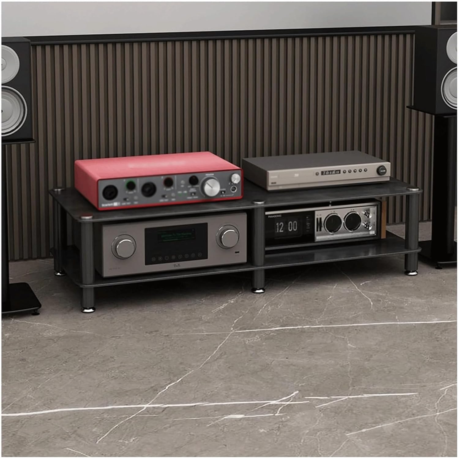 Audio Rack mit Steinplatte - 4 Ebenen und Rahmen aus Kohlenstoffstahl - Moderner Stereo Ständer für Audio Video Geräte - Mehrfarbig für Heimkino und Wohnzimmer-Nestmyio