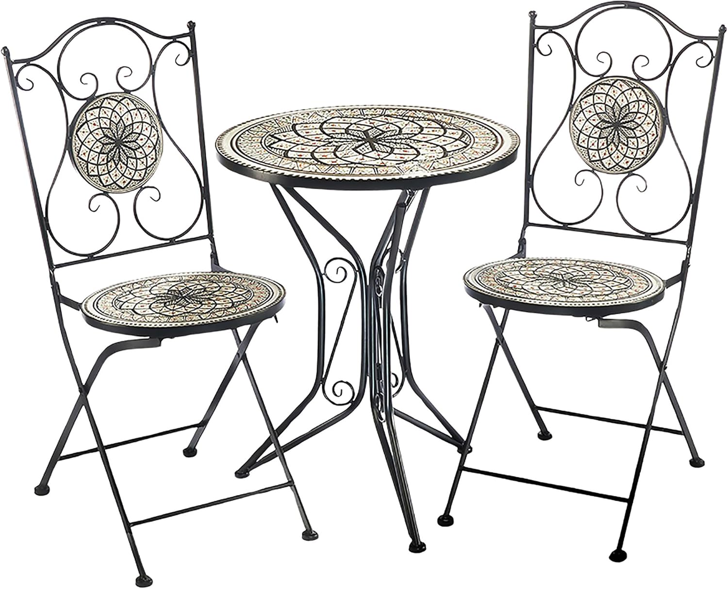 Kobolo Gartenmöbel Bistroset - Mosaik Sitzgruppe mit Tisch und 2 Stühlen - Klassisches Metall Set mit 24 kg - Schwarz Grau Weiß für Balkon Garten Terrasse-Nestmyio