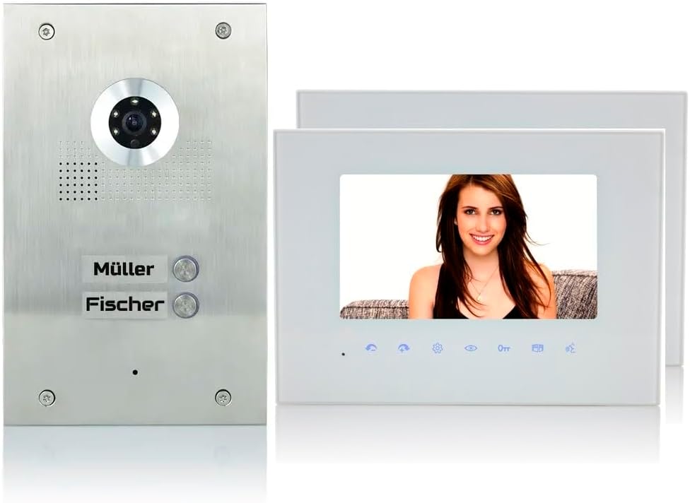 Mathfel Türsprechanlage für Zweifamilienhaus - 170 Grad Kamera und zwei 7 Zoll Glasmonitore - 2 Draht Bus mit Nachtsicht - Edelstahl Außenstation mit Gravur-Nestmyio