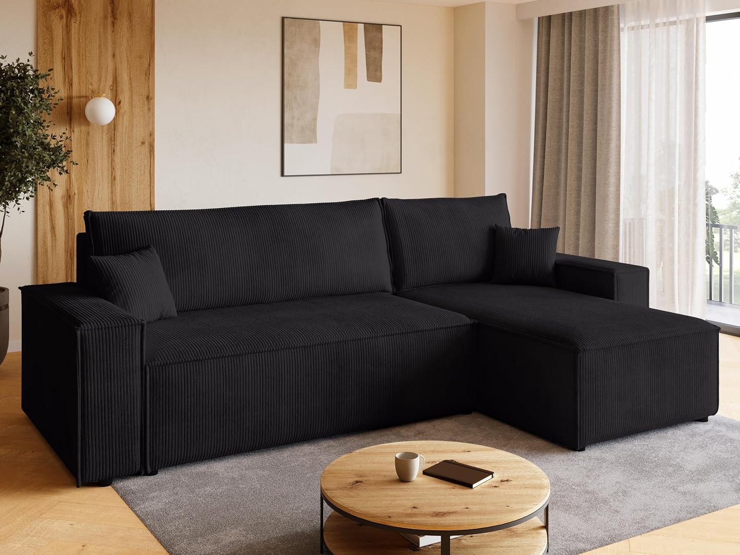 BROMARKT Adi Ecksofa mit Schlaffunktion - Freistehende L Form Couch für 3 Personen - Cordbezug und Bettkasten 244 x 143 x 85 cm - Schwarz für Wohnzimmer-Nestmyio