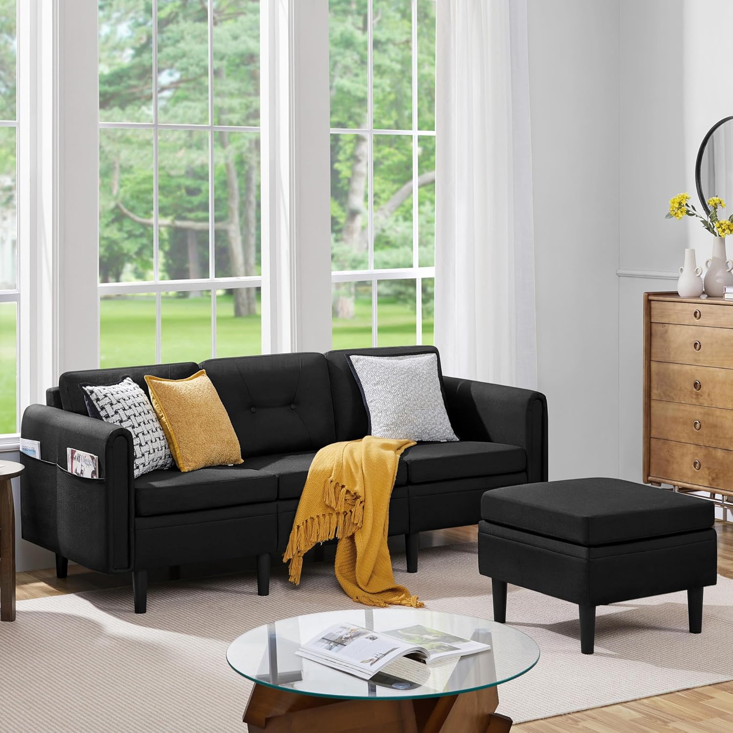 Yaheetech Ecksofa mit Hocker - 3 Sitzer L Form Couch aus Leinenstoff - Flexible Anordnung für rechte oder linke Seite bis 135 kg - Schwarz für Wohnzimmer Wohnung-Nestmyio