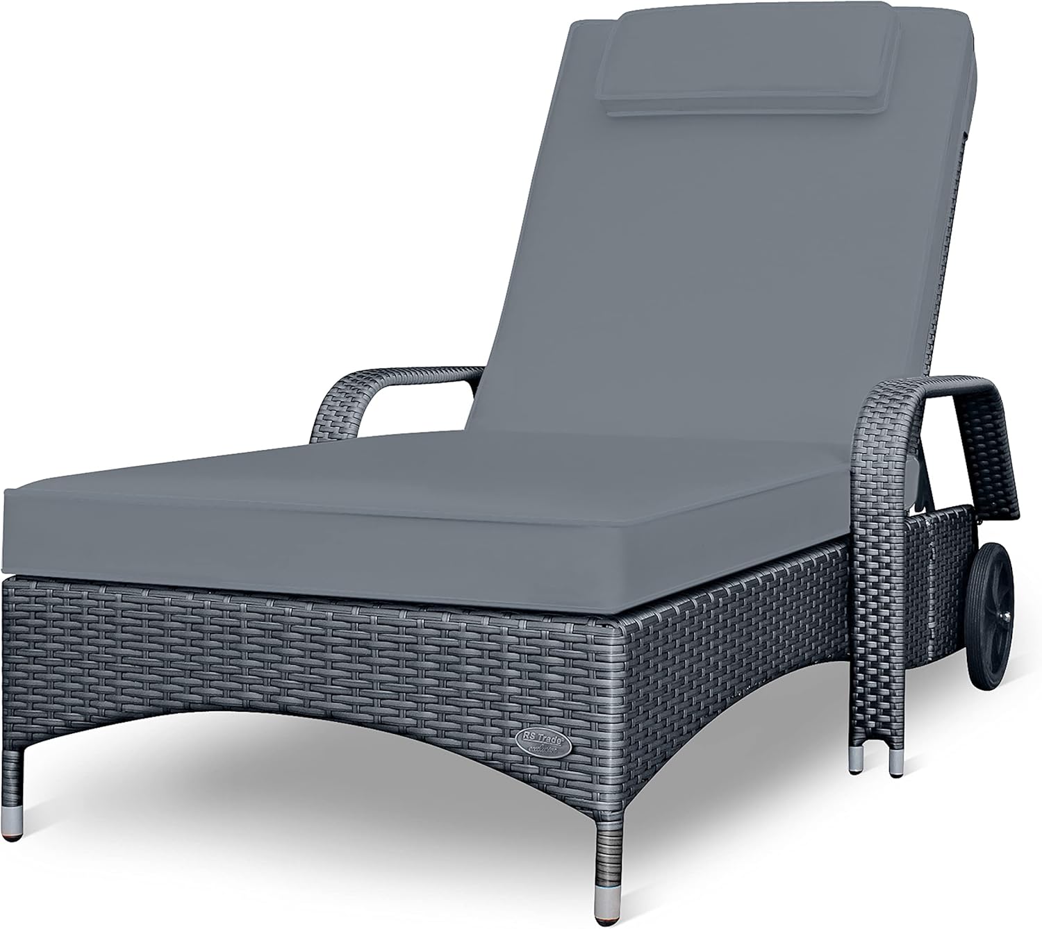RS Trade Imola Sonnenliege Extra Breit - Poly Rattan Geflecht mit Aluminiumgestell - Verstellbare Rückenlehne mit Kopfteil und Auflage - Silber mit grauer Auflage für draußen-Nestmyio