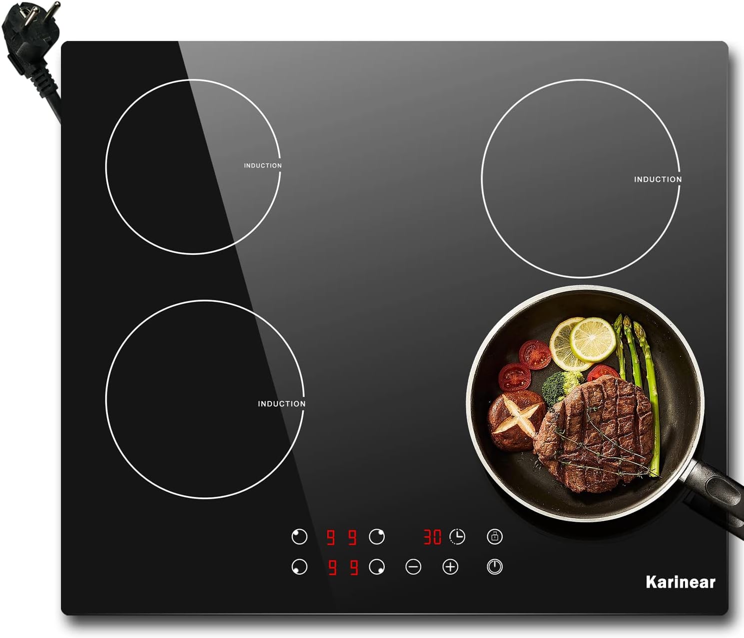 Karinear Induktionskochfeld mit Stecker - 60 cm Einbaukochfeld mit vier Kochzonen und 3500 Watt - Touch Bedienung und neun Heizstufen - Timer Kindersicherung Abschaltautomatik-Nestmyio