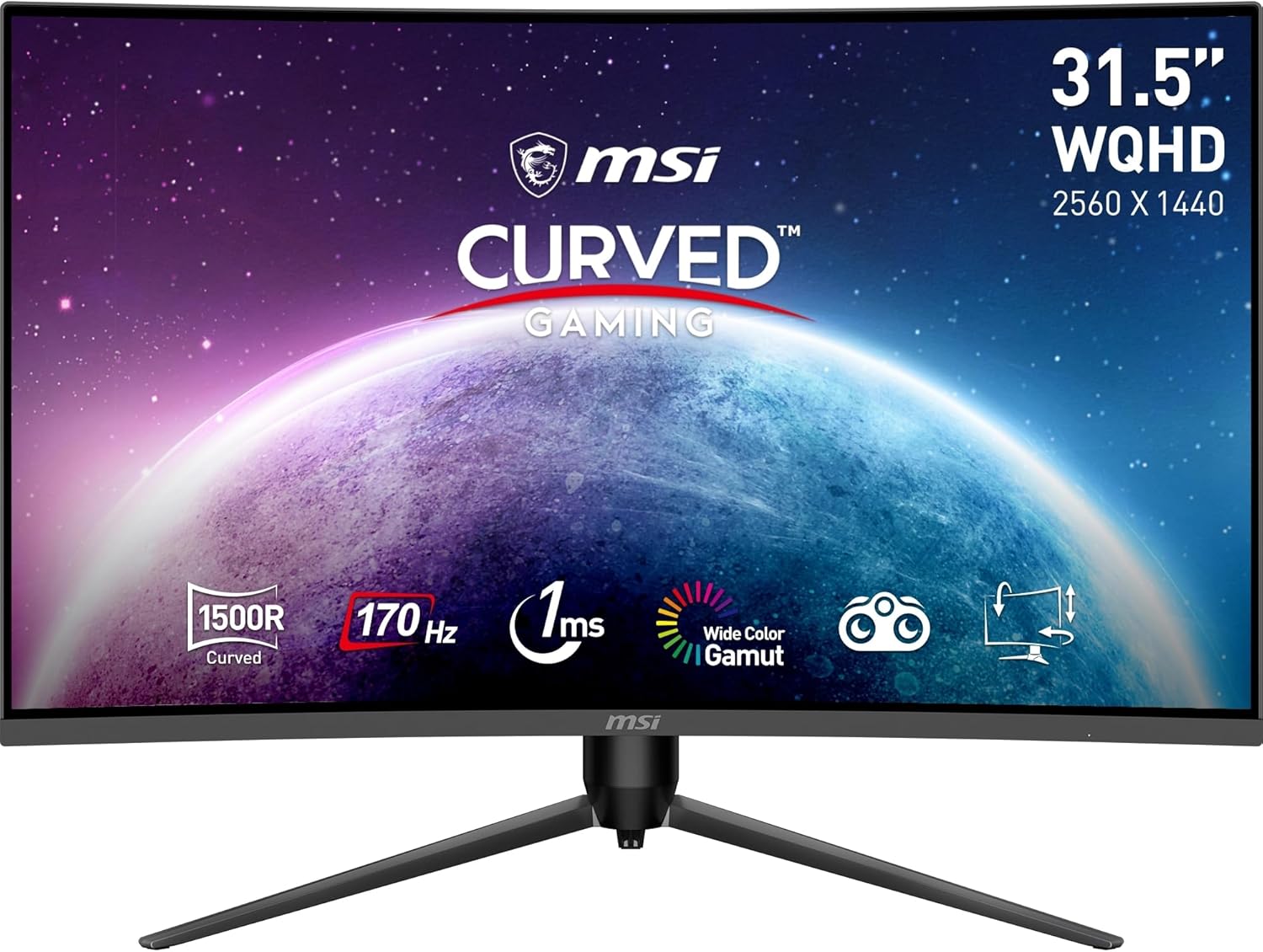 MSI G32CQ5P Curved Gaming Monitor - 31,5 Zoll WQHD VA Panel mit 1500R - 170 Hz 1 ms und Adaptive Sync - Dreifach verstellbarer Standfuß mit HDMI und DisplayPort-Nestmyio