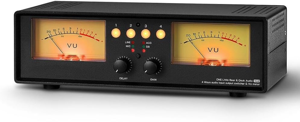 Analoges VU Meter mit Umschaltbox - 4 Wege Audio Splitter mit doppelter Pegelanzeige - Mikrofoneingang und Fernbedienung - Gelbe Beleuchtung 30 x 16 x 10 cm-Nestmyio
