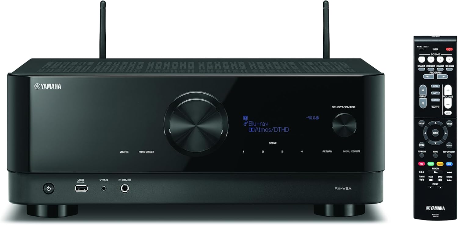 Yamaha RX V6A AV Receiver - 7.2 Kanal Heimkino mit Dolby Atmos Height Virtualizer - Gaming Funktionen und Sprachsteuerung - Schwarz mit HDMI USB WLAN App und Fernbedienung-Nestmyio