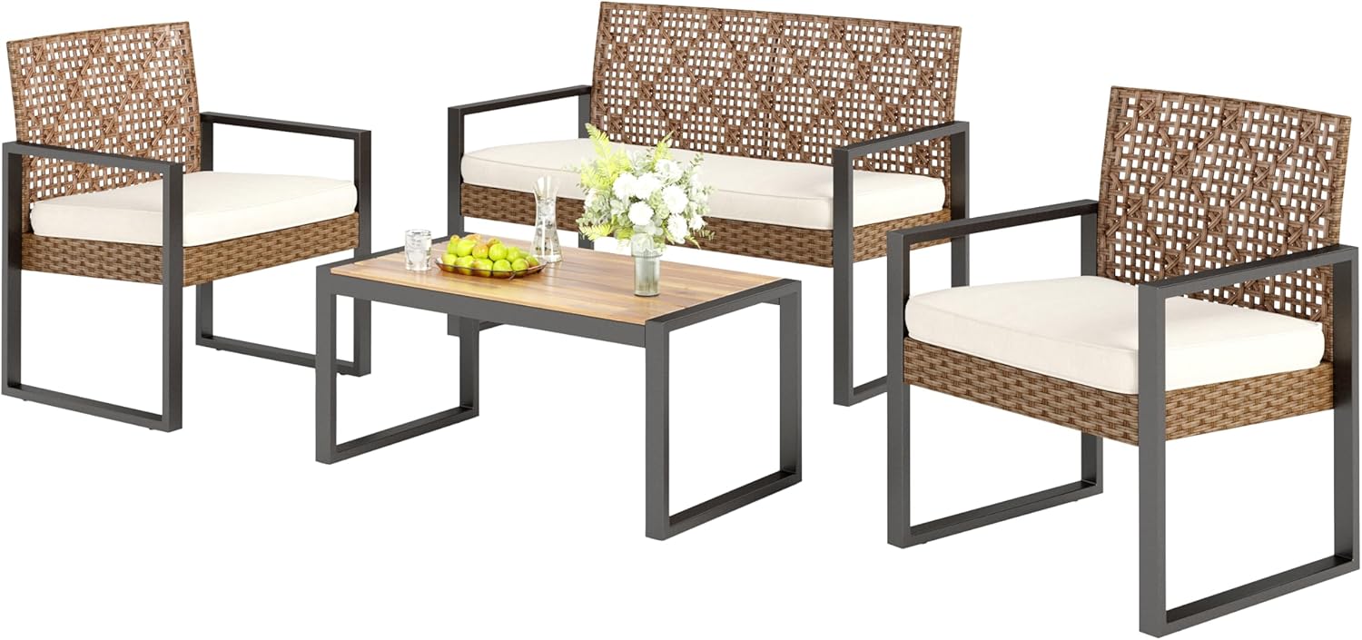 PHI VILLA Rattan Gartenmöbel Set - Zweisitzer Sofa 2 Sessel und Tisch für 4 Personen - Wetterfeste Lounge 112,5 x 52 x 75 cm - Beige Braun für Terrasse Garten-Nestmyio