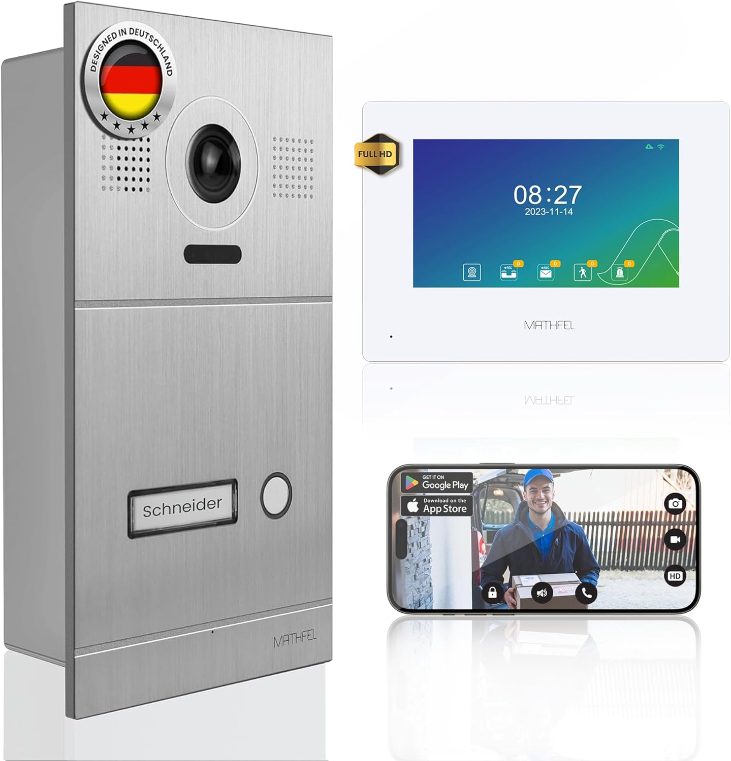 Mathfel MF 2K IP Video Türsprechanlage - Full HD Kamera mit 7 Zoll Monitor und Türöffner - 2 Draht System mit App Steuerung - Silber für Einfamilienhaus-Nestmyio