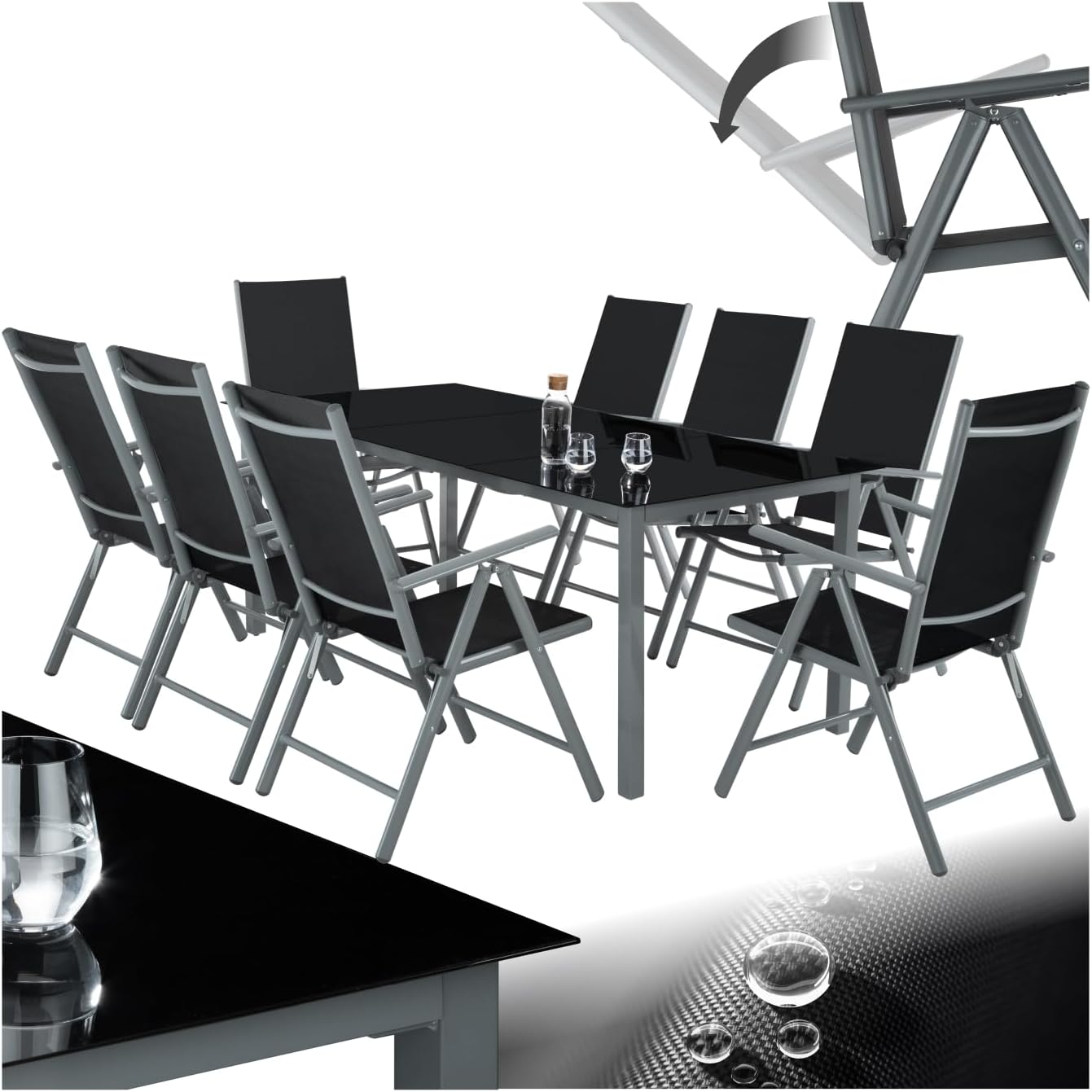 tectake Aluminium Sitzgruppe 81 - Tisch und klappbare Gartenstühle - Gartentisch mit Sicherheitsglas und wetterfester Ausführung - Anthrazit für Garten Terrasse und Balkon-Nestmyio