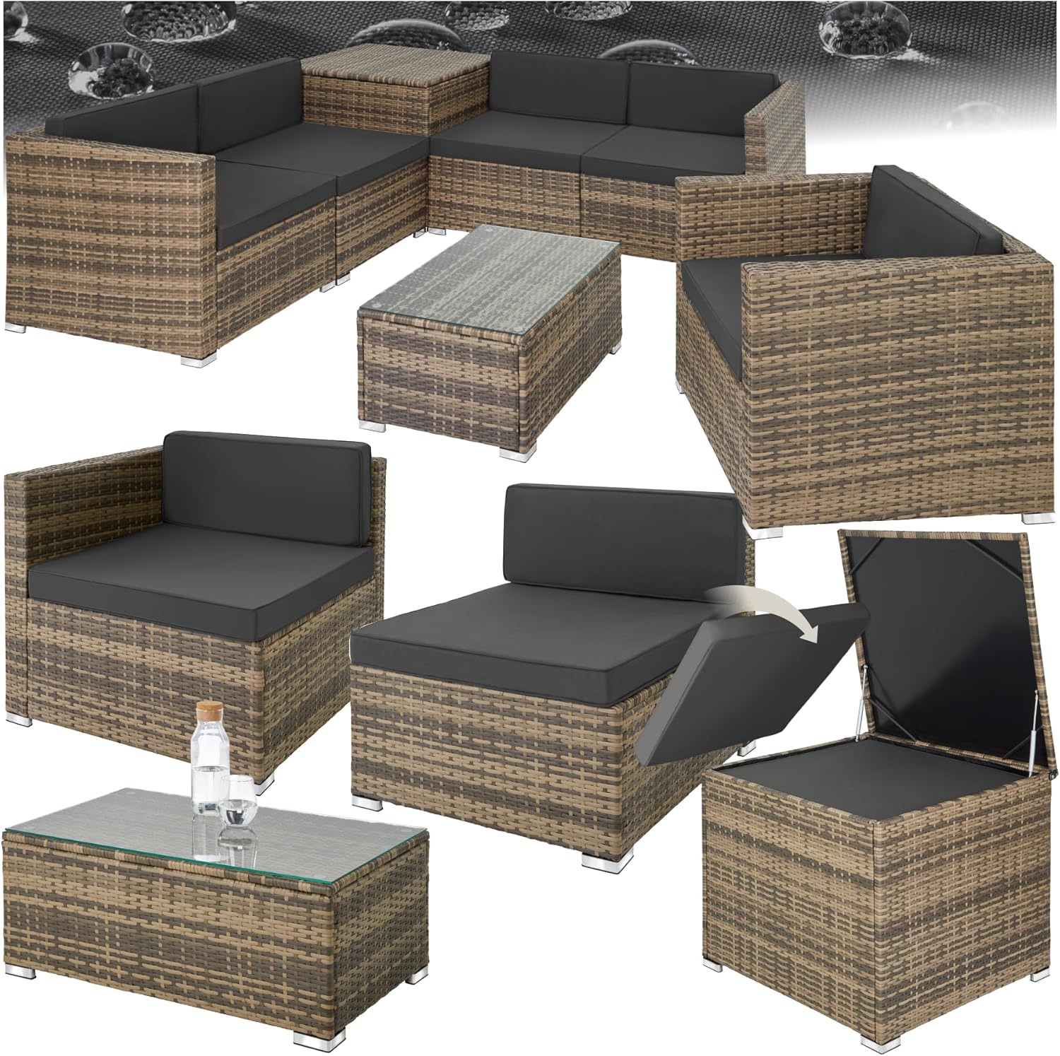 tectake Polyrattan Gartenlounge - Frei gruppierbares Set mit Aufbewahrungsbox - Tisch mit Glasplatte 83 x 75 x 64,5 cm - Natur für Garten Balkon Terrasse-Nestmyio