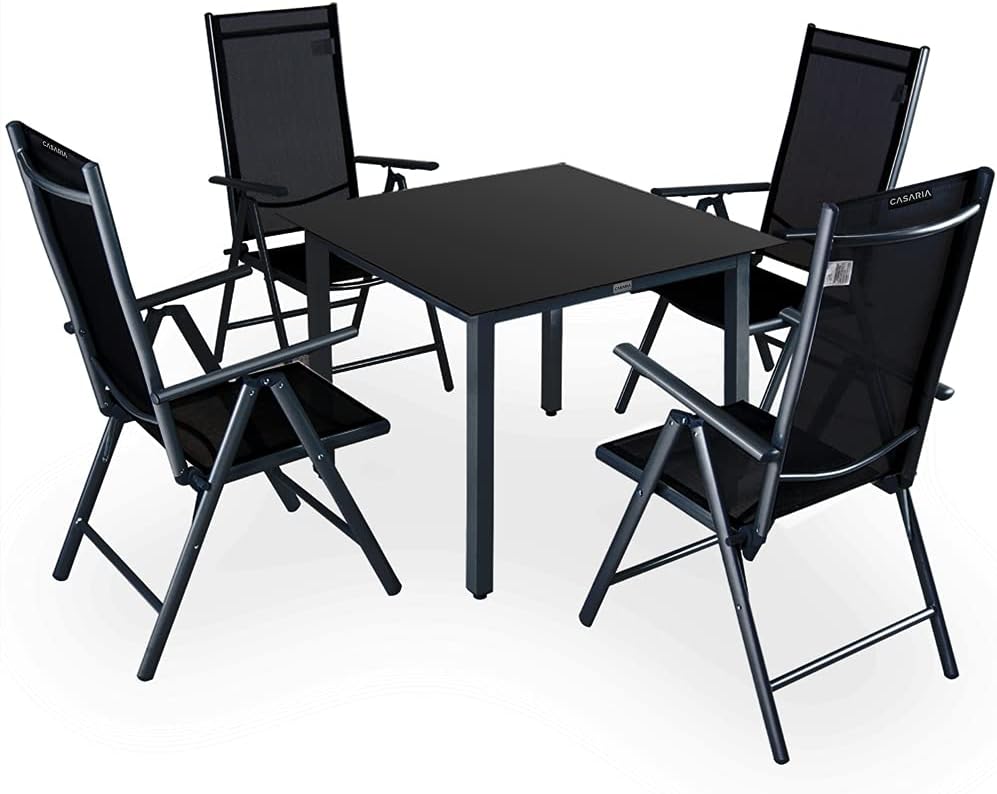 Casaria Bern Gartenmöbel Set - Vier Klappstühle mit Tisch 90 x 90 x 75 cm - Aluminium und Sicherheitsglas wetterfest - Schwarz Anthrazit für Balkon und Terrasse-Nestmyio