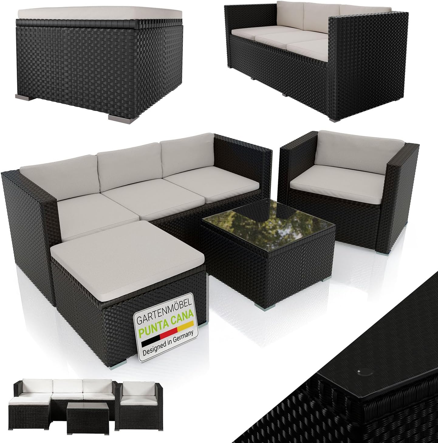 Juskys Polyrattan Lounge Punta Cana L - Gartenmöbel Set für 4 bis 5 Personen - Dreisitzer Sofa Sessel Hocker Tisch und Kissen - Wetterfest Schwarz Beige für Terrasse Balkon-Nestmyio